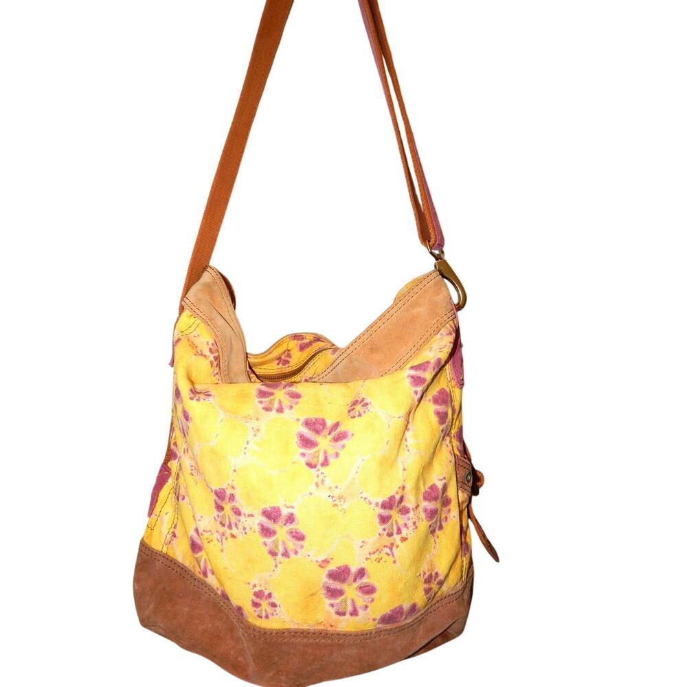 Y2K Lucky Brand Bucket Shoulder Bag Crossbody Canvas Suede TieDye Floral Boho XL